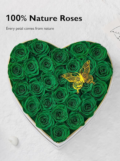Eterfield 27 Forever Flowers in Heart Shape Box, Preserved Roses That Last a Year Preserved Flowers Birthday Gifts for Her Mom Women Wife Anniversary Valentines Day Mothers Day Christmas, Green