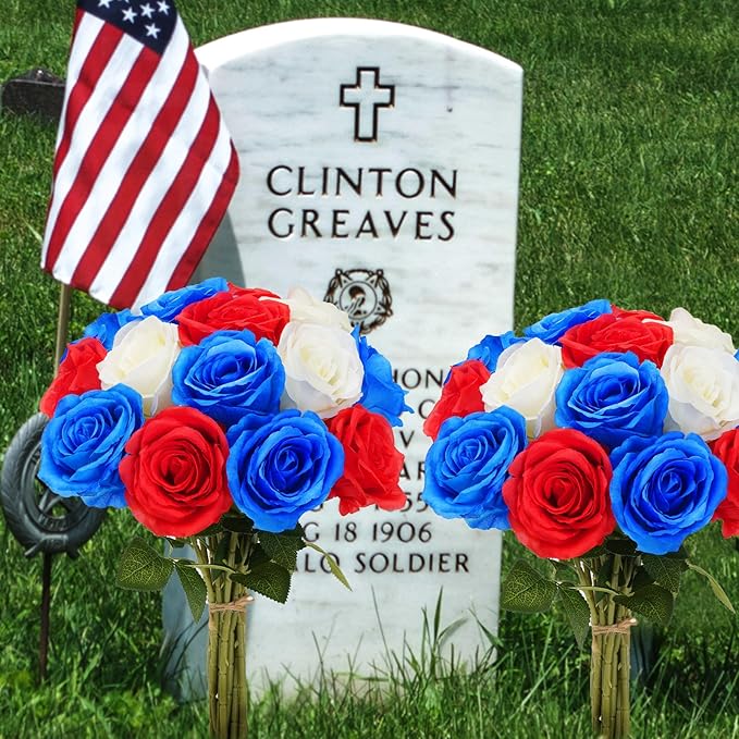 Waipfaru 16 Pcs Memorial Day Flowers for Cemetery Grave, Red White and Blue Flowers, Fake Roses Artificial Flowers 4th of July Independence Day Patriotic Decor