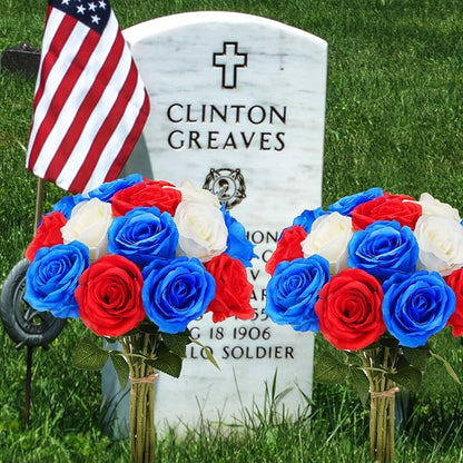 Waipfaru 16 Pcs Memorial Day Flowers for Cemetery Grave, Red White and Blue Flowers, Fake Roses Artificial Flowers 4th of July Independence Day Patriotic Decor