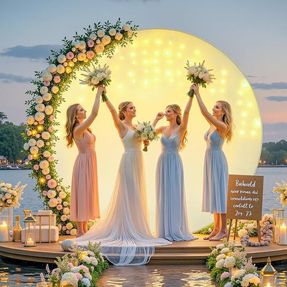 6.6 FT Beige Round Backdrop Cover with Lights String for Circle Arch Stand Circle Backdrop Covers with LED Fairy Lights for Wedding Arch Bridal Baby Shower Birthday Party Photo Photography Background