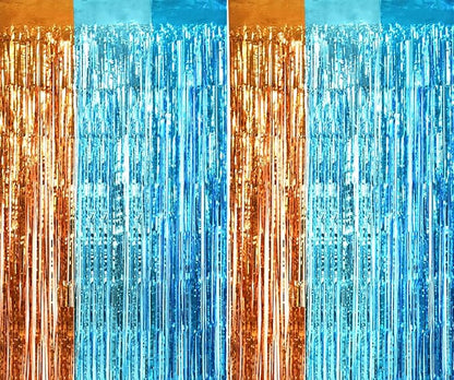 TONIFUL Orange Blue Door Streamers,Blue and Orange Photo Booth Backdrop Metallic Streamers Foil Fringe Curtain for Birthday,New Year,Graduation,Grad,Bachelorette Party Streamers Decoration