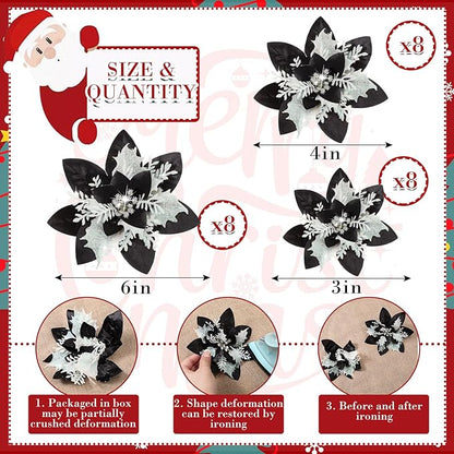 24 Christmas Glitter Artificial Poinsettia Flowers Xmas Poinsettia Artificial Wedding Flowers Decorations Xmas Tree Ornaments with Clips for Party Favors, 6 Inch, 4 Inch, 3 Inch (Black White, Gold)
