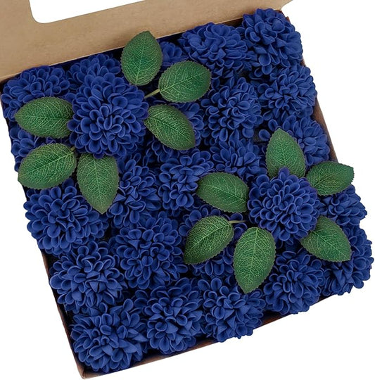 Artificial Flowers, 100pcs Realistic Artificial Rose for DIY Wedding Bouquets Centerpieces Arrangements, Blue Dahlia Flowers with Stem for Bridal Shower Party Home Decorations