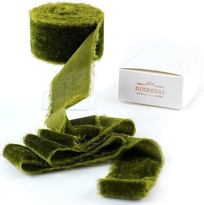 Moss Green Silk Velvet Ribbon 1.5 Inch Rustic Style Raw Edge Olive Green Frayed Edge Fringe Gift Ribbon for Wedding Invitation Bridal Bouquet -3yards
