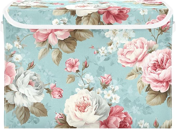 susiyo Cute Floral Pattern Storage Bins with Lids and Carrying Handle Foldable Storage Boxes Organizer Containers Baskets Cube Shelf organizers for Clothes Toys Office