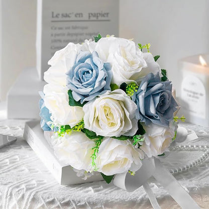 Wedding Bouquets for Bride - Realistic Silk Flowers Artificial Roses, 8 Inch Bridesmaid Bouquet for Ceremony, Church, Anniversary, and Home Decoration (White & Blue)