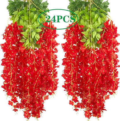 24 Pack Artificial Fake Wisteria Vine Ratta (3.75 Feet) Hanging Garland Silk Flowers String Home Party Wedding Decor (Red)
