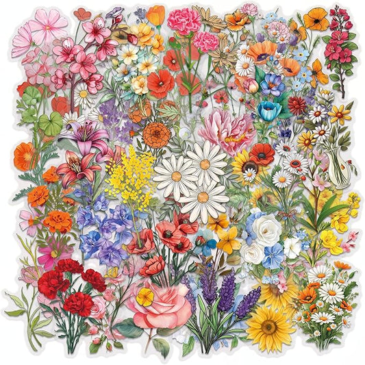 60 Pcs Watercolor Flower Sticker, Self-Adhesive Flowers Stickers Transparent Waterproof PET Floral Decals for Journaling, Scrapbooking, Laptop, Guitar, Water Bottle, Phone Case Aesthetic Decoration