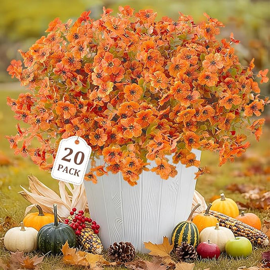 20 Bundles Realistic Artificial Fall Flowers for Outdoors, UV Resistant Autumn No Fade Fake Fall Flowers, Look Real for Farmhouse Thanksgiving Halloween Home Garden Front Porch Decor(Orange)
