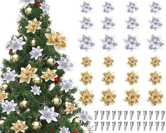 Geosar 24 Christmas Glitter Artificial Poinsettia Flowers Xmas Poinsettia Wedding Flowers Decorations Xmas Tree Ornaments with Clips for Party Favors, 6 Inch, 4 Inch, 3 Inch(Gold and Sliver)