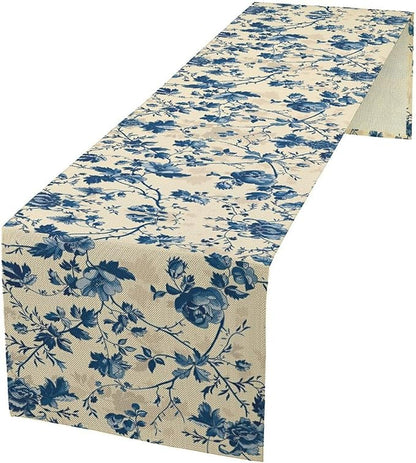 Vintage Floral Table Runner, Retro Blue Flowers Farmhouse Design Table Runner for Kitchen Dining Holiday Party Decor, 13x70 Inch
