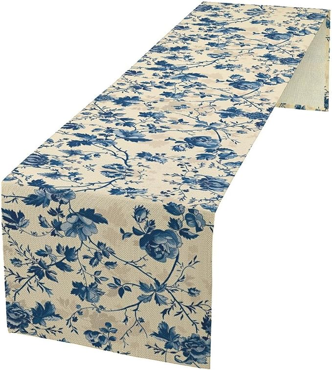 Vintage Floral Table Runner, Retro Blue Flowers Farmhouse Design Table Runner for Kitchen Dining Holiday Party Decor, 13x90 Inch