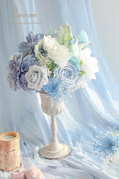 Floroom Dusty Blue Powder Blue Artificial Flowers Fake Roses Dahlias and Greenery Combo Box Set for DIY Wedding Bouquets Bridal Shower Centerpieces Floral Arrangements Party Tables Home Decorations