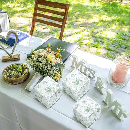 TecUnite 50 Pcs 3x3x3'' Green Floral Paper Gift Candy Boxes Chinoiserie Flower Paper Gift Box Small Green White Hydrangea Party Packaging Bag for Wedding Birthday Cardstock Shower Party Supply Decor