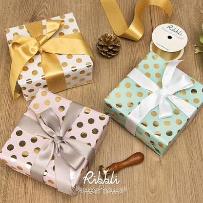 Ribbli Birthday Wrapping Paper Polka Dots Gift Wrap for Baby Shower Roll, 3 Rolls Pink White Blue Dots Pattern with Gold Foil - 17 inch x 120 inch(10feet) Per Roll