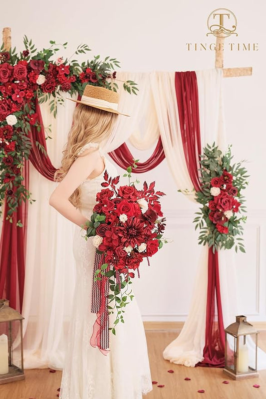 TINGE TIME 15 Inch Artificial Wedding Bouquets for Bride, Cascading Bouquet Wedding Bride Holding Flowers for Wedding Ceremony Anniversary, Bridal Shower and Party (Burgundy Red)