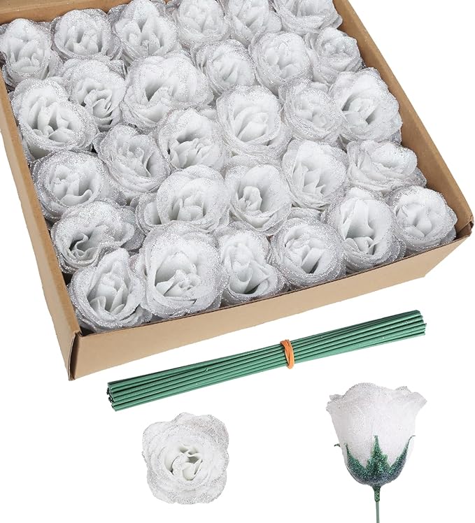 Fake Roses,30PCS White Glitter Flowers Bouquet Artificial Roses with Stems for Wedding Party Christmas Home Decor(White with Silver Glitter)