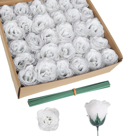 Fake Roses,30PCS White Glitter Flowers Bouquet Artificial Roses with Stems for Wedding Party Christmas Home Decor(White with Silver Glitter)