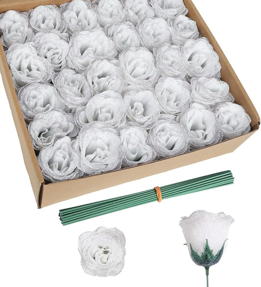 Fake Roses,30PCS White Glitter Flowers Bouquet Artificial Roses with Stems for Wedding Party Christmas Home Decor(White with Silver Glitter)