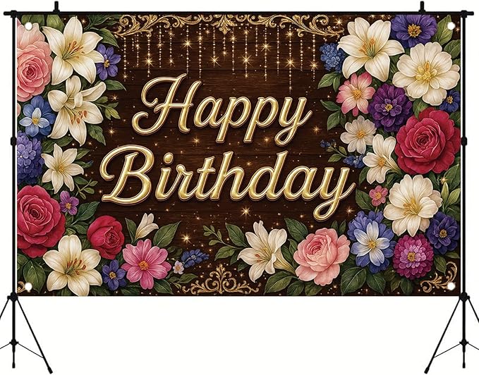 Rustic Wooden Gold Letter Happy Birthday Backdrop Banner for Women Girls Flowers Photography Background Decoration Wedding Baby Shower Decor Photo Booth Studio Props Supplies 6x4ft