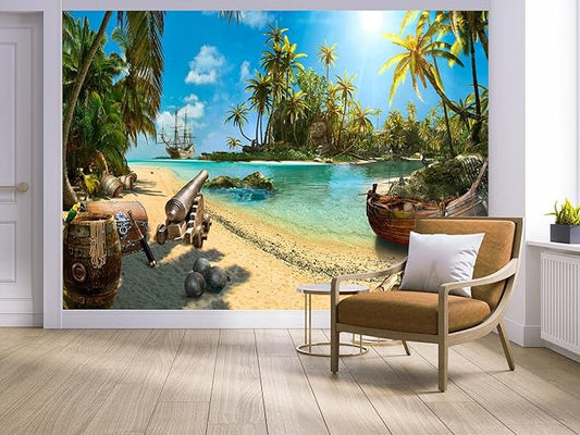Cliouar-Wall Mural Wallpaper for Bedroom Living Room Wallpaper 3D Wallpaper Decoration Pirate Ship Treasure 103" x 69"(Not Self-Adhesive)
