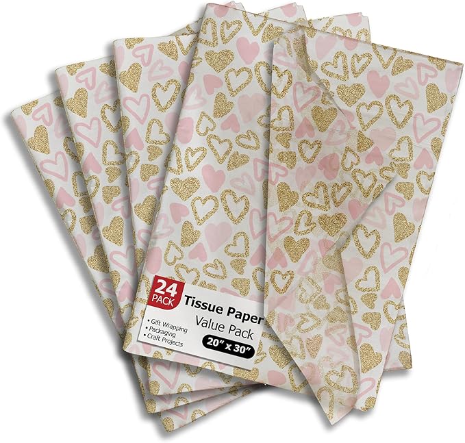 Pro Supply Global Pink and Gold Hearts Printed Tissue Paper for Valentine's Day Gift Bags or Boxes and Wrapping - Bulk Decorative Art Tissue Paper for Packaging and Gifting | 24 Sheets 20" x 30"