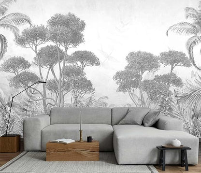 Gray Forest Wallpaper Tropical Trees and Leaves Wall Mural for Bedroom Living Room Sofa Background