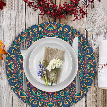 Mandala Round Placemat Set of 4 Elegant Linen Table Mats for Dining, Heat Resistant, Stain Resistant Perfect for Dinner Parties, Restaurants, and Everyday Use