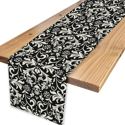 Black Damask Table Runner, Rustic Vintage Floral Antique Victorian Style Print Table Decor for Home Kitchen Dining Patio Holiday Party Indoor Outdoor Table Decorations 13x90 inch