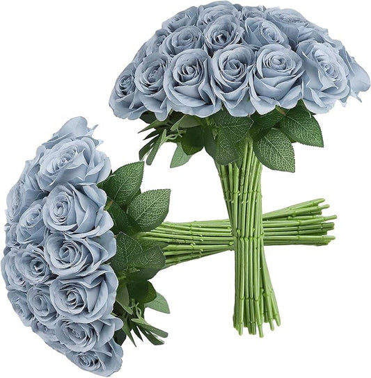 30pcs Roses Artificial Flowers Dusty Blue Silk Roses with Long Stems Fake Flowers for Wedding Bouquet Centerpices Decorations Party Bridal Baby Shower Home Decor