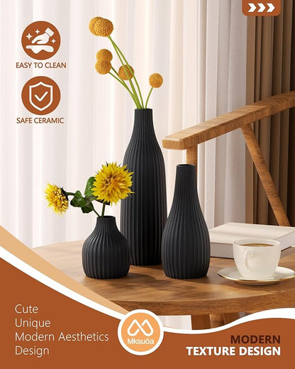 Decorative Flower Vase Set of 3 - Modern Boho Style Black Vases, Ribbed Textures Ceramic Vase for Home Decor Shelf Bookshelf Mantle TV Stand Entryway Console, Dining Table Centerpiece Decor