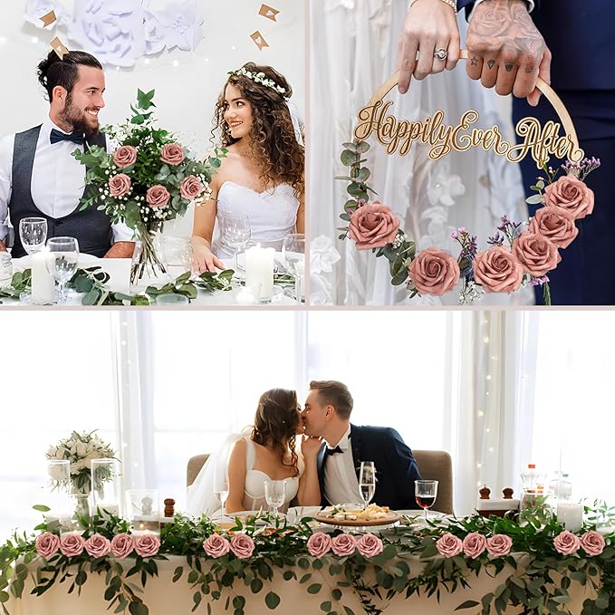 100PCS Warm Taupe Artificial Flowers Roses Real Looking Foam Fake Roses with Leaves for DIY Wedding Bouquets Bridal Shower Party Decorations (Warm Taupe, 100)
