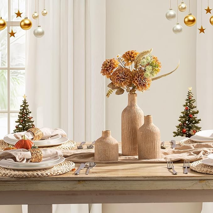 Ceramic Vase Home Table Decor - Gold Flower Vase Set of 3 Living Room Kitchen Decorations Farmhouse Modern Rustic Vases Decorative Centerpiece for Shelf Bedroom Office Bathroom Dining Coffee Desk