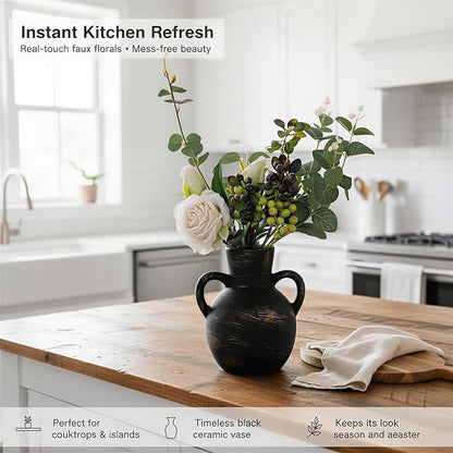 7.1-Inch Black Ceramic Flower Vase with Handles, Rustic Farmhouse Boho Pottery Decor for Table, Living Room & Shelf