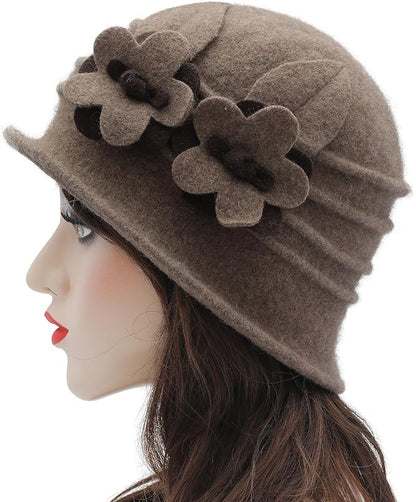 ZLYC Women Wool Cloche Bucket Hat 1920s Vintage Dress Winter Hats with Flower Accent