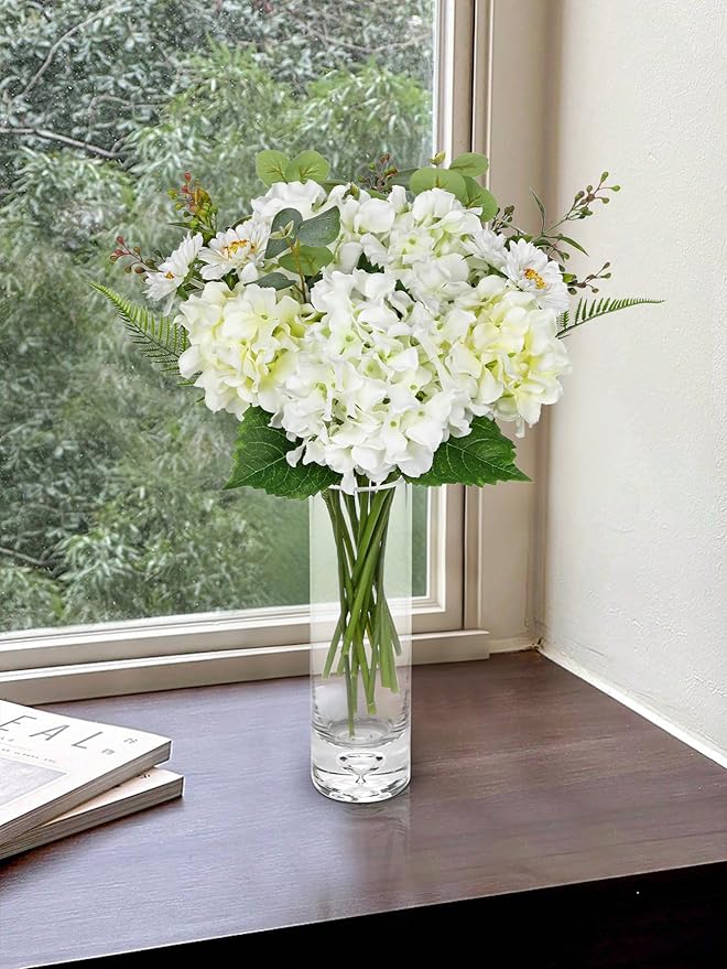 Hydrangea artificial Flowers 12PCS White Faux Flowers Fake Hydrangea Daisies Silk Arrangements Long Stems Realistic Fake Flowers for Vase Floral Centerpiece Wedding Bridal Bouquet Party Home Decor