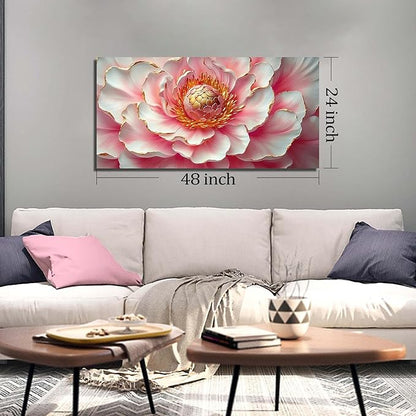 Pink & White Peony Floral Canvas Wall Art with Gold Accents, Abstract Flower Pictures for Living Room Bedroom Wall Decor, Horizontal Printed Painting Artwork Home Decorations, Size 48x24 Inches