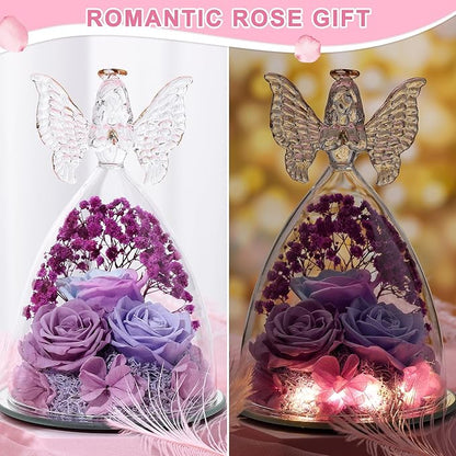 Christmas Rose Gifts for Women Preserved Real Flower in Glass Angel Figurines Roses for Delivery Prime Birthday Gifts for Mom Grandma Girlfriend Wife Her, Multi Purple
