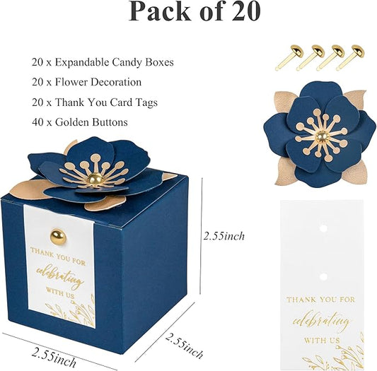 FEIYI 20 PCS Favor Boxes, 3 In 1 Navy Blue Candy Boxes with Floral Decor, White Thank You Tags Gold Foil Print Gift wrapping for Wedding, Baby Shower, Birthday, Decorations Party - 2.55x2.55x2.55