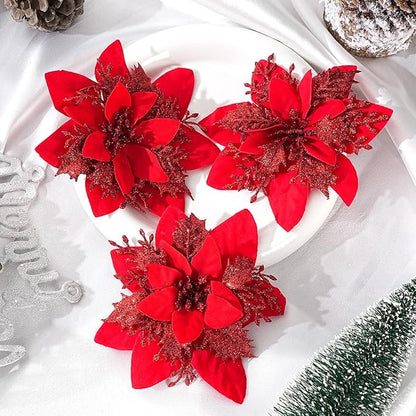 Zhuqing 15Pcs Christmas Poinsettia Artificial Flowers Decorations, Glitter Poinsettia Christmas Tree Ornaments,All Red Tree Flowers for Xmas/Party/Holiday/Wreath/Garland Decor, with Cilps, 5.5 Inch