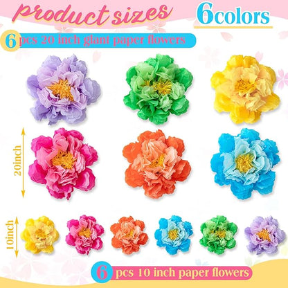 MotiMind 12 Pcs Large Colorful Tissue Paper Flowers 20" 10'' Giant Fiesta Paper Flowers Mexican Pom for Carnival Party Wall Backdrop Decoration Wedding Birthday(Bright Color)
