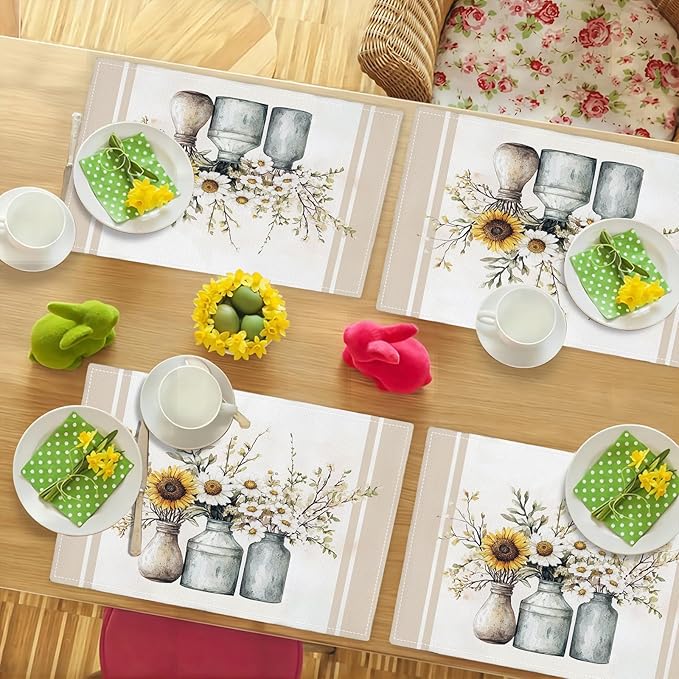 Farmhouse Sunflower Placemats Set of 4, Rustic Daisy Place Mats, Country Dining Table Mats, Washable Spring Placemats for Kitchen Dining Room Home Decor 18L'' × 12W''