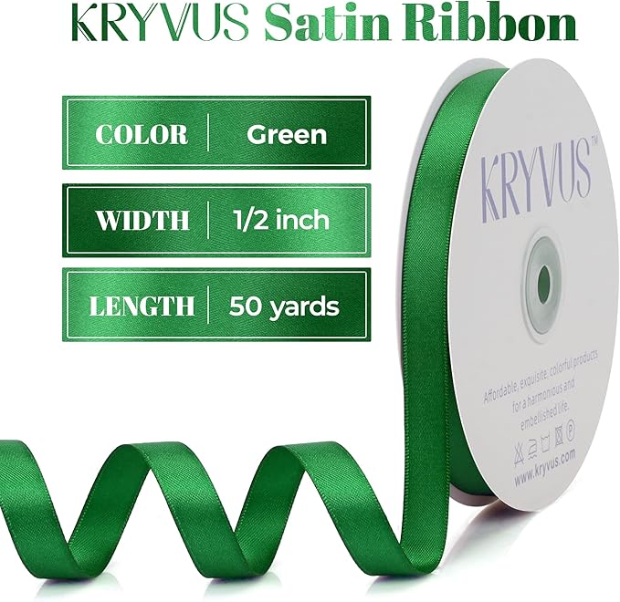 Green Satin Ribbon, Double Faced 1/2 Inch X 50 Yards Green Ribbon, Premium Satin Ribbon for Gift Wrapping, Crafts, Hair Bow Making, Sewing, Flower Bouquet, Wedding Party Decor