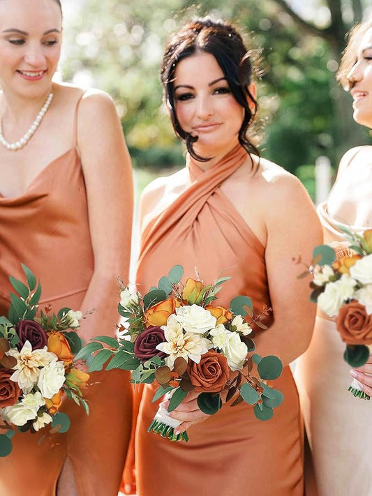 Rinlong 1Pc Fall Wedding Bouquets for Bridesmaids Bride Terracotta Artificial Bridesmaid Bridal Bouquet for Wedding Prom