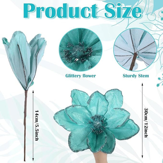 8 Pcs Large Christmas Flower Magnolia Flowers Christmas Tree Decoration Artificial Poinsettia Stems Velvet Xmas Ornaments for Xmas Tree Table Decor(Light Blue,12 Inch)