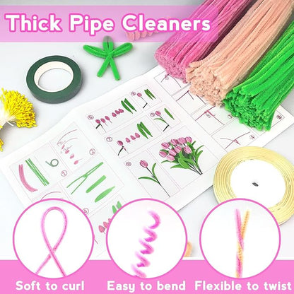 ZEIZHUBN 300 Pieces Pipe Cleaners, Pipe Cleaners Flower Bouquet Kit, Flower Making Kit with Floral Wires Tape, Art and Craft Supplies Projects DIY Decoration Holiday Party Birthday Gifts