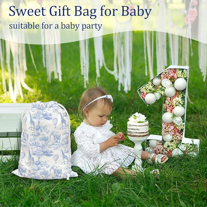 DSHFG Light Blue Birthday Drawstring Gift Bags, Safari Toile Chinoiserie Animals Baby Shower Drawstring Gift Bags Canvas, Blue and White Small Happy Birthday Bag, 10x13 Inch