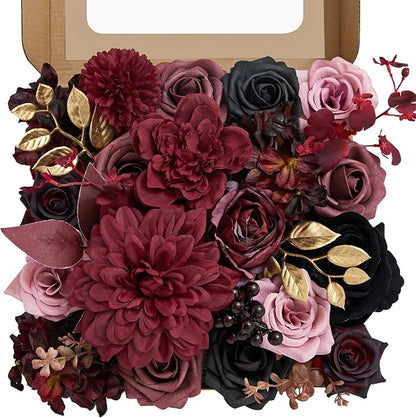 Artificial Flowers, Burgundy Silk Flowers for Centerpieces Decoration, Fake Cake Flowers for DIY Wedding Bridal Bouquets Home Party Floral Arrangement Decor