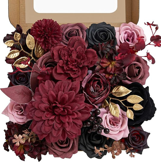Artificial Flowers, Burgundy Silk Flowers for Centerpieces Decoration, Fake Cake Flowers for DIY Wedding Bridal Bouquets Home Party Floral Arrangement Decor