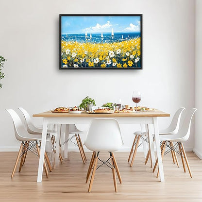 Coastal Flowers Large Wall Art Framed Blue Wall Decor for Living Room Ocean Sailboat Pictures Oversized Canvas Print Painting Modern Extra Large Framed Artwork for Bedroom Office 36"x24"